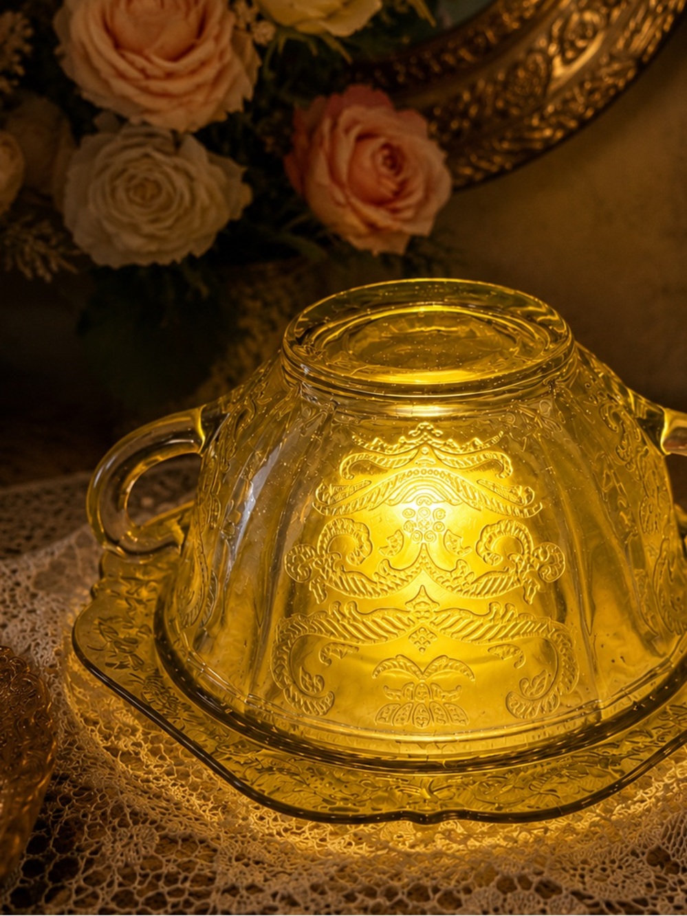 1930s Madrid Yellow Depression Glass Fairy Lamp | Two-Handled Soup Cup & Saucer